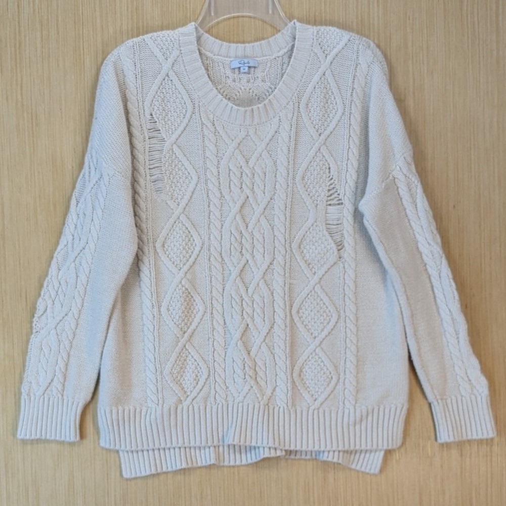Rails Cambria Minimalist Distressed Cable Knit Sweater Medium Cream Cotton Blend